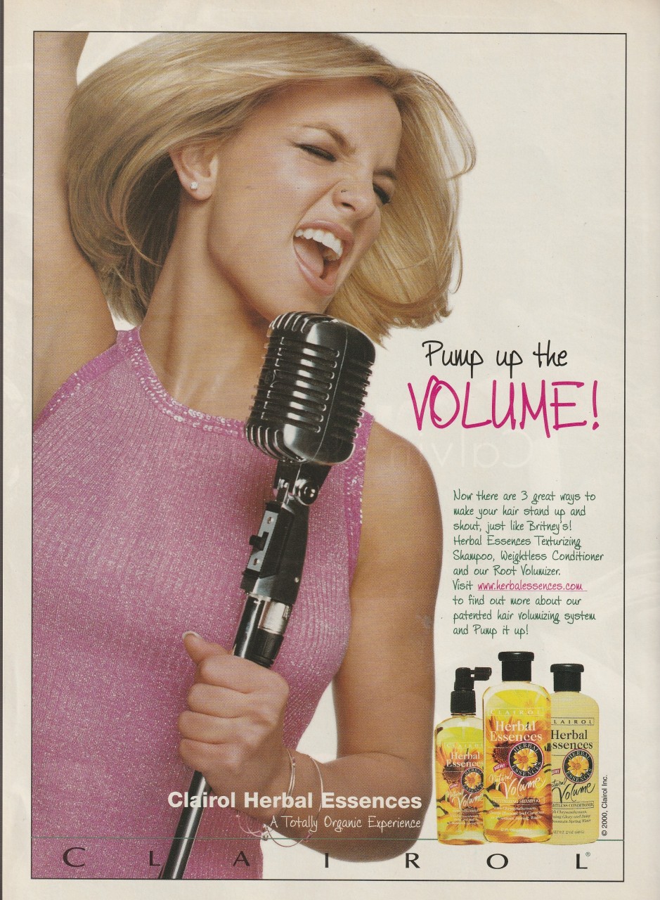 Britney Spears teen magazine pinup clipping Herbal Essence add pink shirt mic