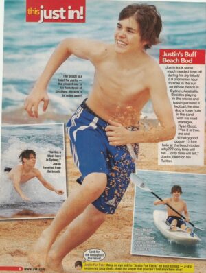 Justin Bieber teen magazine pinup clipping swimsuit barefoot young shirtless pix