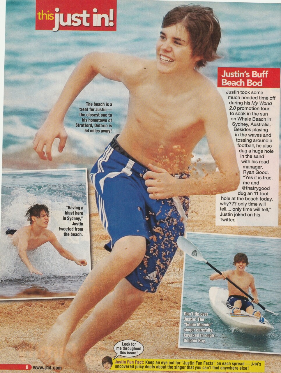 Justin Bieber teen magazine pinup clipping swimsuit barefoot young shirtless pix