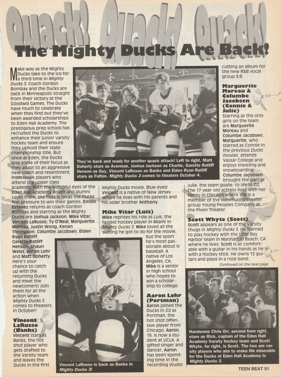 Mike Vitar Vincent Larusso Aaron Lohr Shaun Weiss teen magazine pinup clipping Mighty Ducks Cast Rare article
