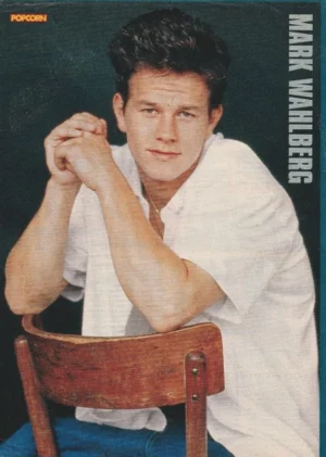 Marky Mark Wahlberg teen pinup clipping 90's white shirt chair jeans modeling