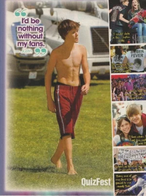Justin Bieber teen magazine pinup clipping shirtless red shorts barefoot pix