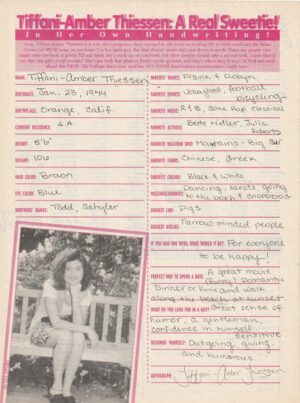 Tiffani Amber Thiessen teen magazine pinup clipping handwriting Teen Beat 90's