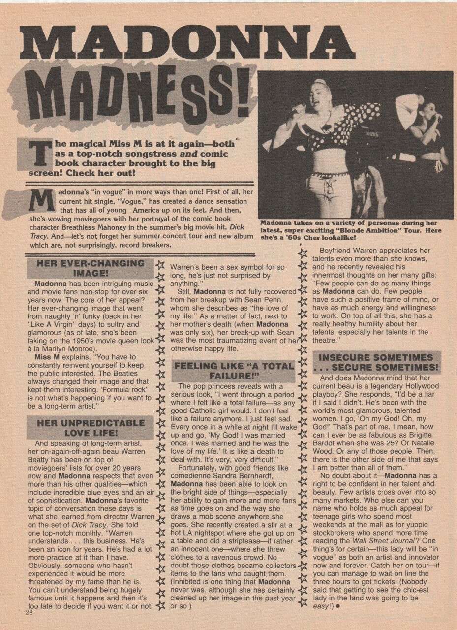 Madonna teen magazine pinup clipping article Madness Teen Machine