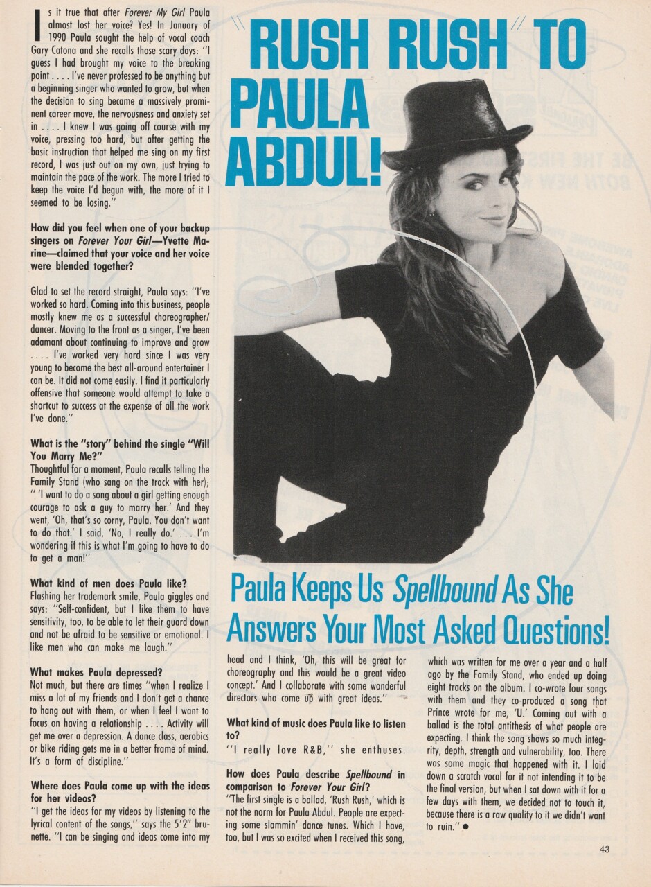 Paula Abdul teen magazine pinup clipping Rush Rush to Paula Abdul Teen Machine