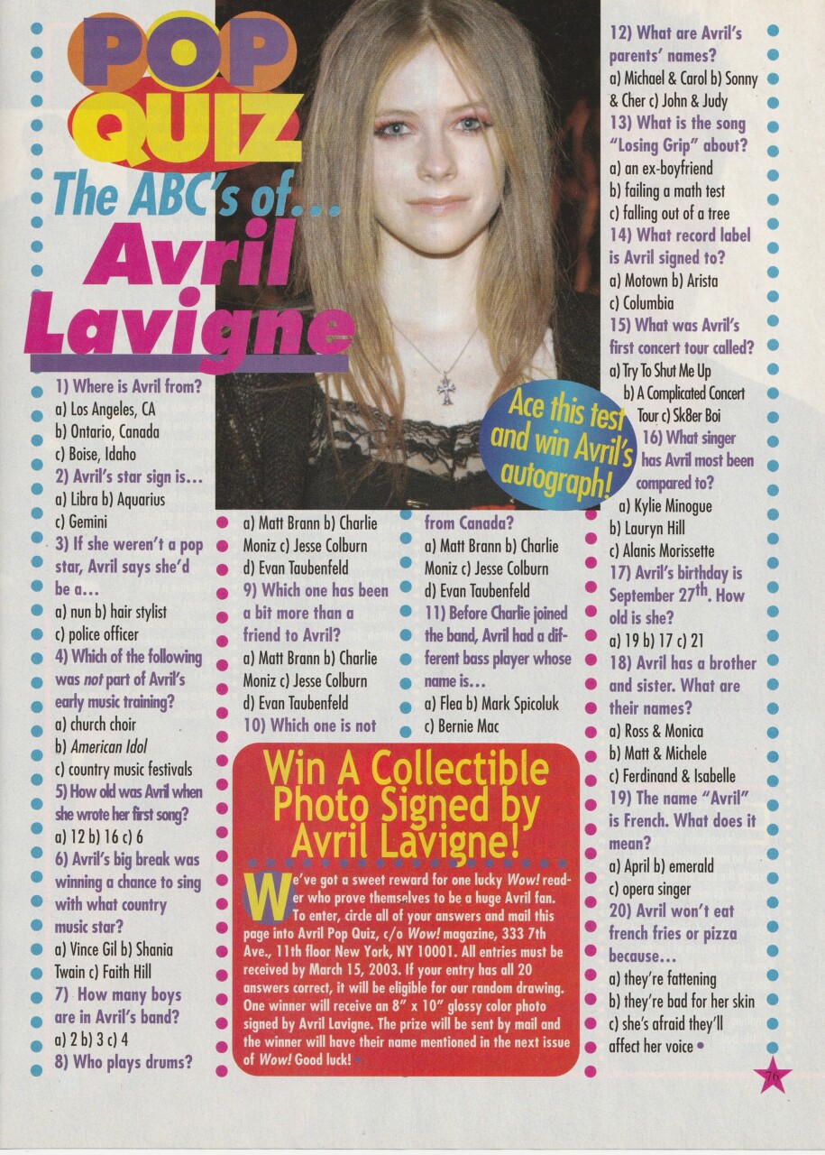 Avril Lavigne teen magazine pinup clipping Pop Quiz Rare Pix